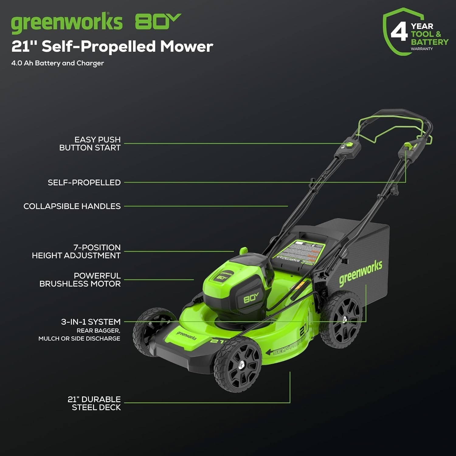 Greenworks 80V 21″ Cordless Self-Propelled Lawn Mower - Image 6